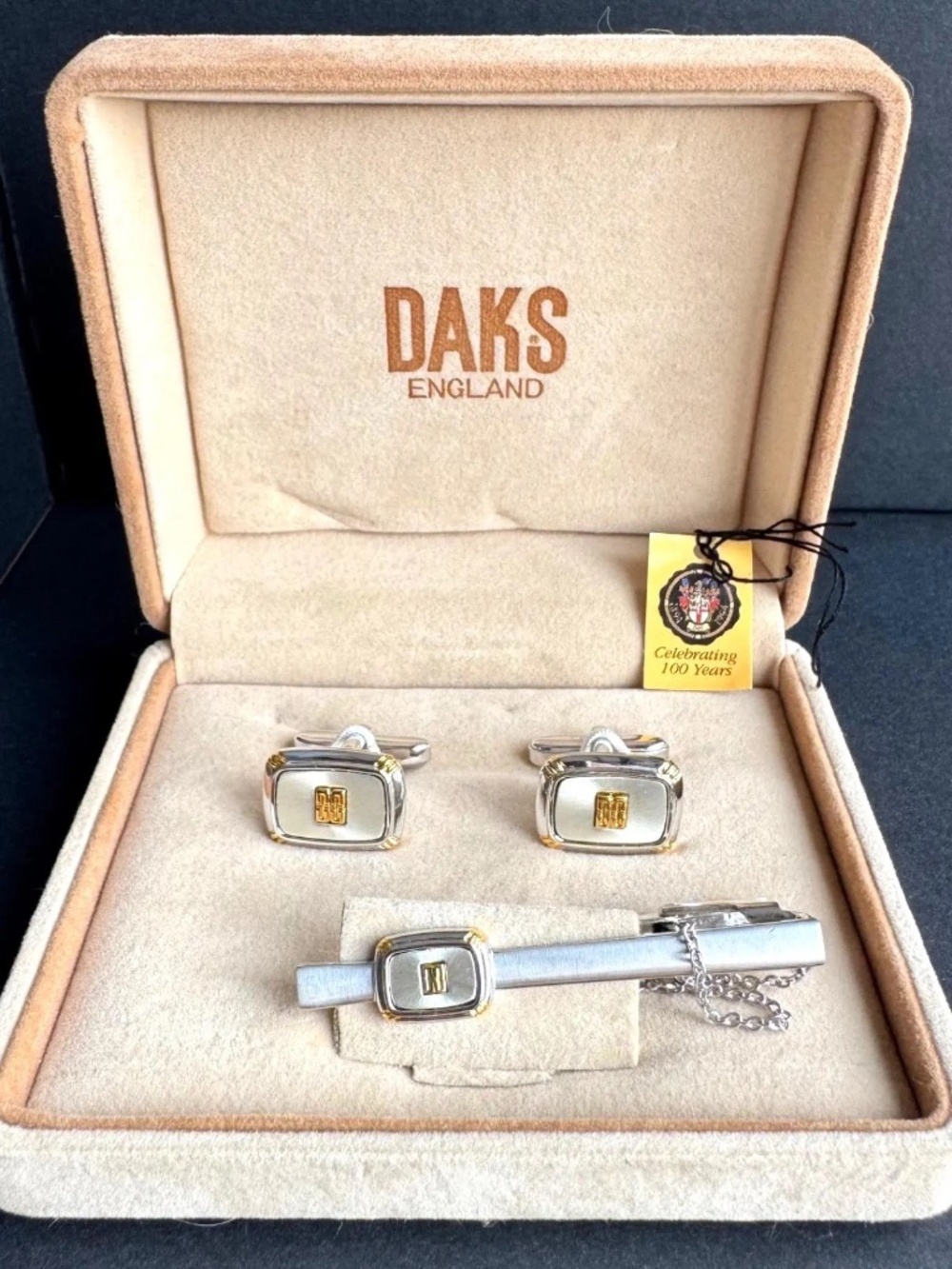 Vintage DAKS England Cufflinks Tie Clip Set Two Tone w/ Box Centennial Mens Gift